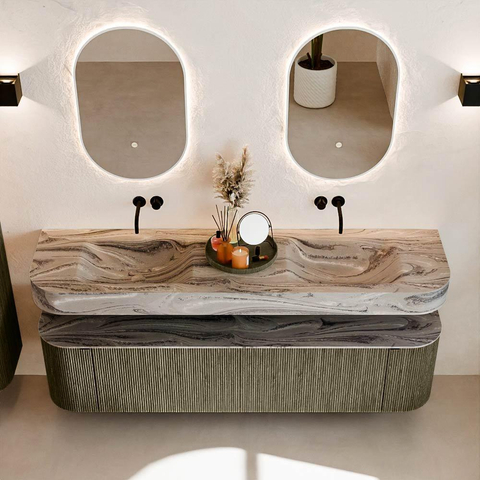 MONDIAZ THOR-DLUX 180cm meuble de salle de bains arrondi gauche + droite couleur Shadow avec 2 tiroirs et 2 portes. Vasque suspendue CLOUD Double sans trou de robinet couleur Sombra. SW1466357