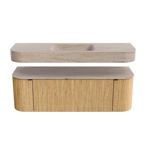 MONDIAZ THOR-DLUX 140cm meuble de salle de bains arrondi gauche + droite couleur Oak avec 1 tiroir et 2 portes. Vasque suspendue CLOUD Milieu sans trou de robinet couleur Saba. SW1464288