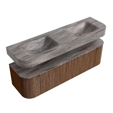 MONDIAZ THOR-DLUX Meuble de salle de bains - 160cm - arrondi gauche + droite - couleur Walnut - 1 tiroir et 2 portes - Vasque suspendue CLOUD Double sans trou de robinet - couleur Oza SW1465298