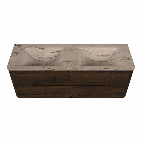 Mondiaz CIRO-DLUX Badkamermeubelset - 140x45x50cm - Solid surface wastafel Arena - 2 wasbak Dubbel - zonder kraangaten - 4 lades - Walnut SW1530456