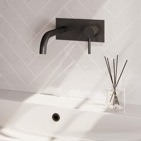 Brauer Black Carving Mitigeur de lavabo encastré - bec verseur courbé à gauche - longue poignée étroite carving - plaque de recouvrement - noir mat SW716140