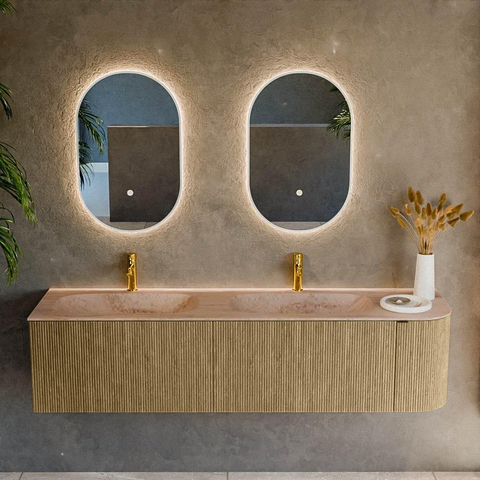 MONDIAZ KURVE-DLUX 175cm badmeubel ronding Rechts kleur Dusk met 2 lades en 1 deur. Wastafel STOR SMALL Dubbel / Links 2 kraangaten Saba. SW1433404