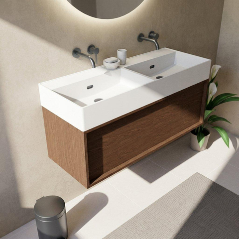 Saniclass Holz Frame Badkamermeubelset - 120x45x52cm - Legend keramische wastafel mat wit - 2 wasbakken - zonder kraangaten - 1 lade - mat walnut pure (hout) SW1596149