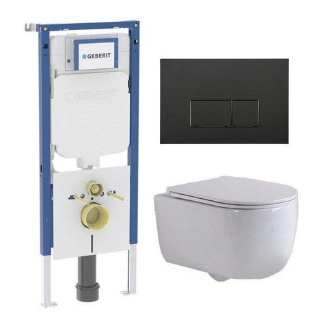 QeramiQ Dely Swirl Toiletset - 36.3x51.7cm - Geberit UP720 Duofix Sigma inbouwreservoir - slim zitting - mat zwarte bedieningsplaat - rechthoekige knoppen - glans wit SW1413991