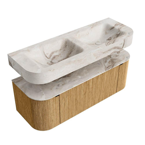 MONDIAZ THOR-DLUX 130cm badmeubel ronding links + rechts kleur Oak met 1 lade en 2 deuren. Vrijhangende wastafel CLOUD Dubbel zonder kraangat kleur Frappe. SW1463508