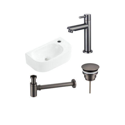 Fugaflow Efficiente Pietra Ensemble lave-mains - 40x21.5x12cm - droite - lisse - demi-ronde - 1 trou de robinet - céramique - robinet lave-mains gunmetal - bouchon de vidage - siphon abaissé - blanc mat SW1442362