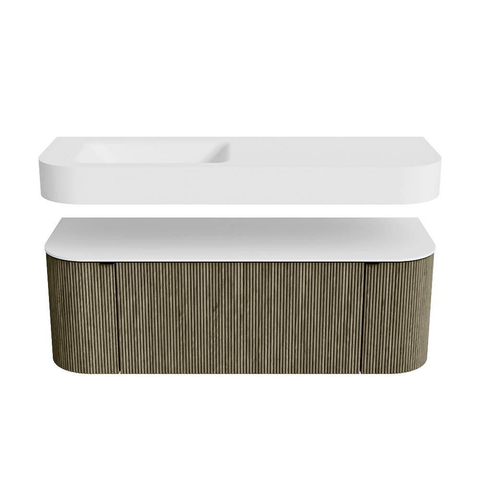 MONDIAZ THOR Meuble de salle de bains 130cm arrondi gauche + droite couleur Shadow avec 1 tiroir et 2 portes. Vasque suspendue CLOUD Gauche 1 trou de robinet couleur Talc. SW1463701