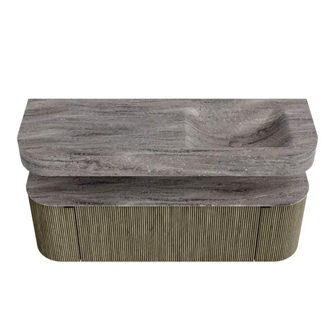 MONDIAZ THOR-DLUX 140cm meuble de salle de bains arrondi gauche + droite couleur Shadow avec 1 tiroir et 2 portes. Vasque suspendue CLOUD Droite sans trou de robinet couleur Oza. SW1464298