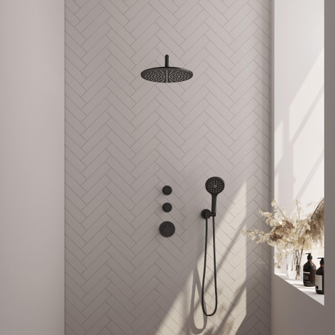 Brauer Black Carving Ensemble de douche de pluie encastré - pomme de douche 30cm - bras mural - avec partie encastrée - 3 boutons Carving - douchette Ronde 1 jet - noir mat SW716184
