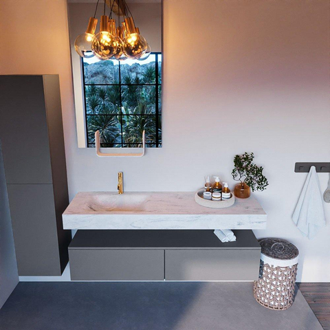 Mondiaz ALAN-DLUX Ensemble de meuble - 150cm - meuble Plata mat - 2 tiroirs - Lavabo Cloud Opalo suspendu - vasque Gauche - 1 trou de robinet SW806951