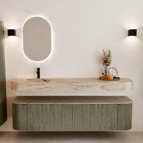 MONDIAZ THOR-DLUX 180cm meuble de salle de bains arrondi gauche + droite couleur Shadow avec 2 tiroirs et 2 portes. Vasque suspendue CLOUD Gauche 1 trou de robinet couleur Arena. SW1466139