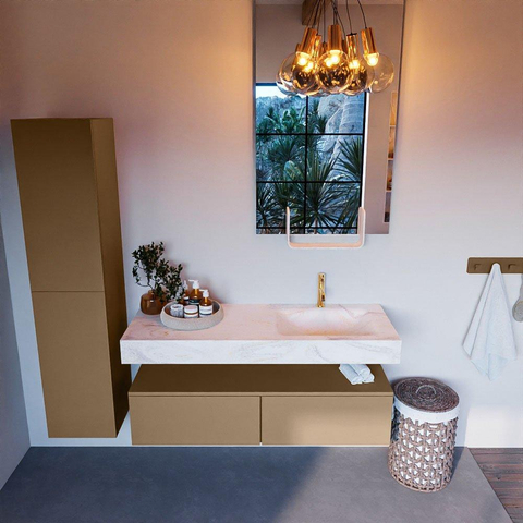 Mondiaz ALAN-DLUX Ensemble de meuble - 130cm - meuble - Oro mat - 2 tiroirs - Lavabo Cloud Ostra suspendu - vasque droite - 1 trou de robinet - Beige SW807775