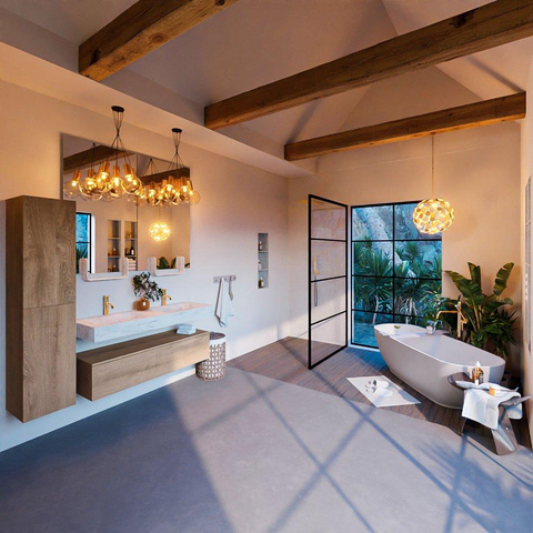 Mondiaz ALAN-DLUX Ensemble de meuble - 130cm - meuble Washed Oak mat - 1 tiroir - Lavabo Cloud Opalo suspendu - vasque Gauche et droite - 2 trous de robinet SW808975