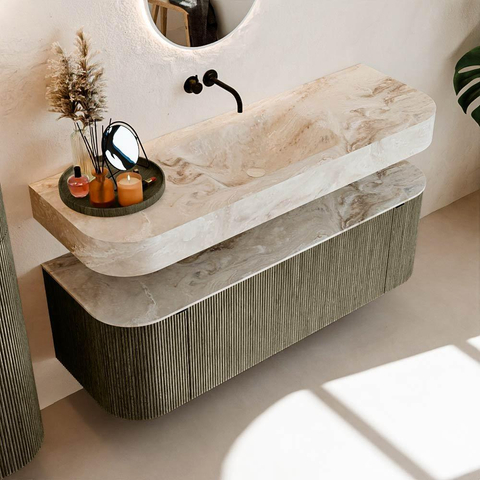 MONDIAZ THOR-DLUX 140cm meuble de salle de bains arrondi gauche + droite couleur Shadow avec 1 tiroir et 2 portes. Vasque suspendue CLOUD Milieu sans trou de robinet couleur Frappe. SW1464153