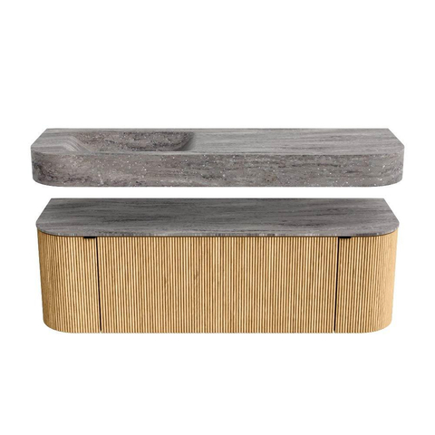 MONDIAZ THOR-DLUX 140cm meuble de salle de bains arrondi gauche + droite couleur Oak avec 1 tiroir et 2 portes. Vasque suspendue CLOUD Gauche sans trou de robinet couleur Oza. SW1464244