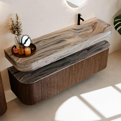 MONDIAZ THOR-DLUX 160cm meuble de salle de bains arrondi gauche + droite couleur Walnut avec 1 tiroir et 2 portes. Vasque suspendue CLOUD Droite 1 trou de robinet couleur Sombra. SW1465377