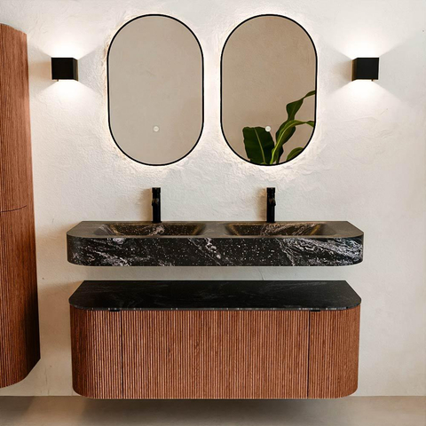 MONDIAZ THOR-DLUX 130cm meuble de salle de bains arrondi gauche + droite couleur Ruby avec 1 tiroir et 2 portes. Vasque suspendue CLOUD Double 2 trous de robinet couleur Lava. SW1463702