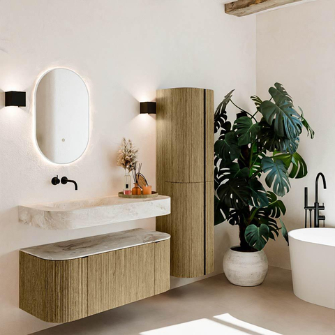 MONDIAZ THOR-DLUX Meuble de salle de bains 110cm arrondi gauche + droite couleur Dusk avec 1 tiroir et 2 portes. Vasque suspendue CLOUD Gauche sans trou de robinet couleur Frappe. SW1462807