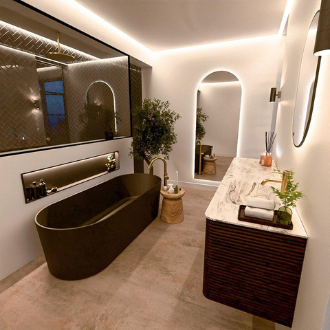 Mondiaz CIRO-DLUX Badkamermeubelset - 180x45x50cm - Solid surface wastafel Glace - 1 wasbak Rechts - 1 kraangat - 4 lades - Walnut SW1530286