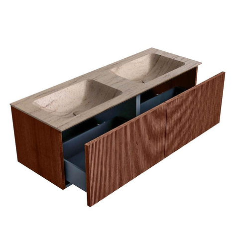 MONDIAZ KURVE-DLUX 130cm badmeubel kleur Ruby met 2 lades en 0 deuren. Wastafel LEAF Dubbel 2 kraangaten Saba. SW1433507