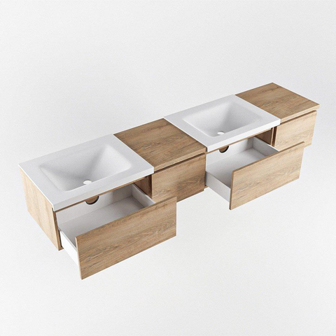 MONDIAZ BUKLA 200cm ensemble de meuble avec module 40 gauche couleur Chêne blanchi avec 4 tiroirs. Lavabo CLOUD double 2 trous de robinet couleur Talc. SW1382141