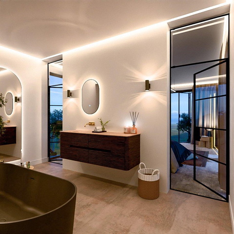 Mondiaz CIRO-DLUX Meuble de salle de bains - 150x45x50cm - Plan vasque Solid surface Saba - 1 lavabo à gauche - sans trous de robinetterie - 4 tiroirs - Noyer SW1530711