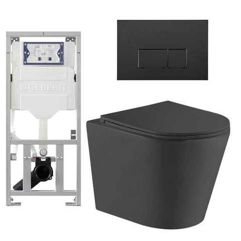 QeramiQ Dely Toiletset - 36.3x51.7cm - diepspoel - rimless - Geberit UP320 inbouwreservoir - met Burda frame - softclose toiletzitting - mat zwarte bedieningsplaat - rechtehoekige knoppen - mat zwart SW804619