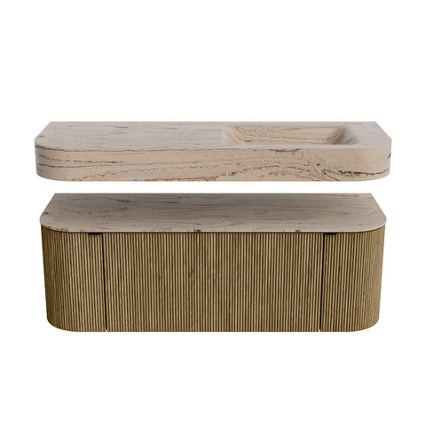 MONDIAZ THOR-DLUX 130cm meuble de salle de bains arrondi gauche + droite couleur Dusk avec 1 tiroir et 2 portes. Vasque suspendue CLOUD Droite 1 trou de robinet couleur Arena. SW1463803