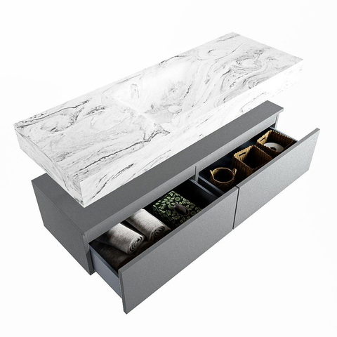 Mondiaz ALAN-DLUX Ensemble de meuble - 130cm - meuble Plata mat - 2 tiroirs - Lavabo Cloud Glace suspendu - vasque Centre - 0 trous de robinet SW806104