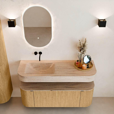 MONDIAZ THOR-DLUX 130cm badmeubel ronding links + rechts kleur Oak met 1 lade en 2 deuren. Vrijhangende wastafel CLOUD Links zonder kraangat kleur Saba. SW1464036