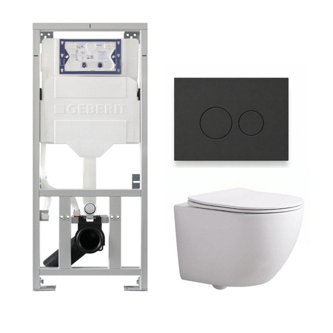 Pack WC QeramiQ Dely Swirl Compact - réservoir encastrable Geberit UP320 - avec bâti-support Burda - abattant slim - plaque de commande en plastique anthracite mat - boutons ronds - blanc brillant SW1592302
