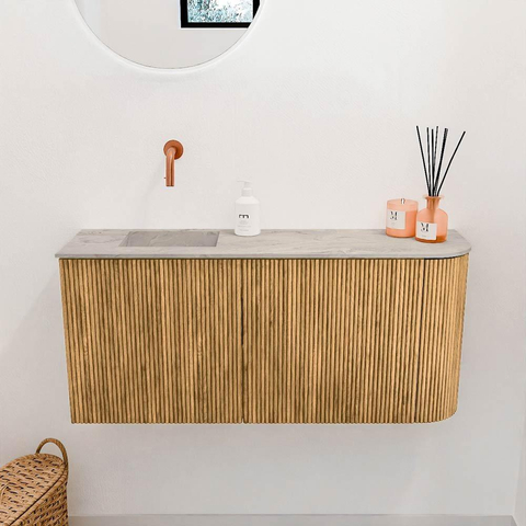 Mondiaz JOYA-DLUX 91.6cm meuble de toilette - arrondi droit couleur Chêne - Vasque FAYE position Gauche Sans trou de robinet couleur Glace SW1422054
