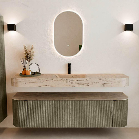 MONDIAZ THOR-DLUX 170cm meuble de salle de bains arrondi gauche + droite couleur Shadow avec 1 tiroir et 2 portes. Vasque suspendue CLOUD Milieu 1 trou de robinet couleur Arena. SW1465816