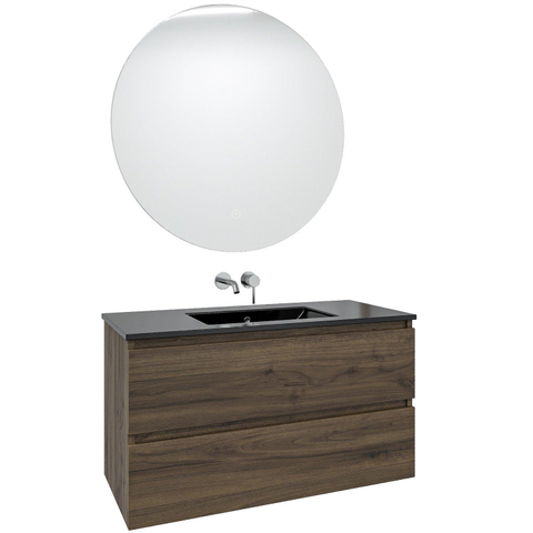 Saniclass Chaci Meuble de salle de bain - 100x46x55cm - lavabo en céramique noir - 1 vasque - sans trous de robinet - 2 tiroirs - ronde miroir avec éclairage - noyer (hout) SW816295