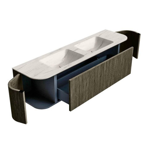 MONDIAZ KURVE-DLUX Meuble de salle de bains 170cm arrondi Gauche + Droite couleur Shadow avec 1 tiroir et 2 portes. Lavabo LEAF Double 2 trous de robinet Meli. SW1431811