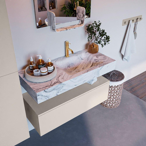 Mondiaz ALAN-DLUX Ensemble de meuble - 100cm - meuble Linen mat - 1 tiroir - Lavabo Cloud Glace suspendu - vasque Droite - 1 trou de robinet SW805908