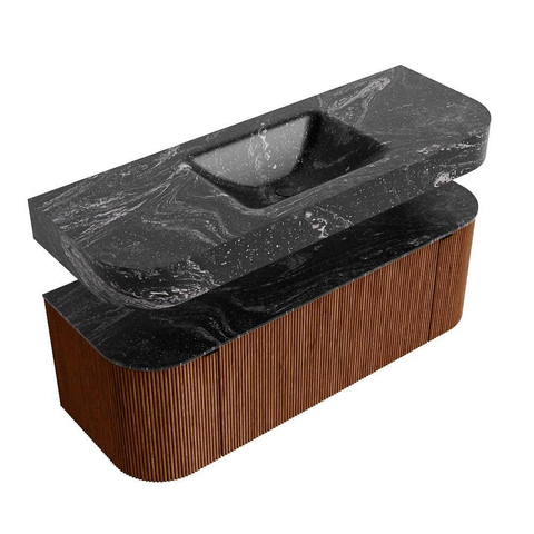 MONDIAZ THOR-DLUX Meuble de salle de bains 130cm arrondi gauche + droite couleur Ruby avec 1 tiroir et 2 portes. Vasque suspendue CLOUD Milieu sans trou de robinet couleur Lava. SW1463686