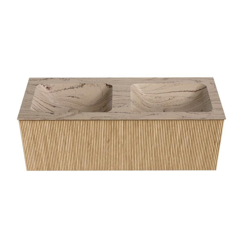 MONDIAZ KURVE-DLUX Meuble de salle de bains 120cm couleur Oak avec 1 tiroir et 0 porte. Lavabo LEAF Double sans trou de robinet Arena. SW1431116