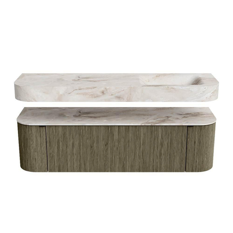 MONDIAZ THOR-DLUX 160cm meuble de salle de bains arrondi gauche + droite couleur Shadow avec 1 tiroir et 2 portes. Vasque suspendue CLOUD Droite sans trou de robinet couleur Frappe. SW1465123