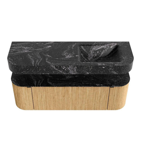 MONDIAZ THOR-DLUX 140cm badmeubel ronding links + rechts kleur Oak met 1 lade en 2 deuren. Vrijhangende wastafel CLOUD Rechts 1 kraangat kleur Lava. SW1463939