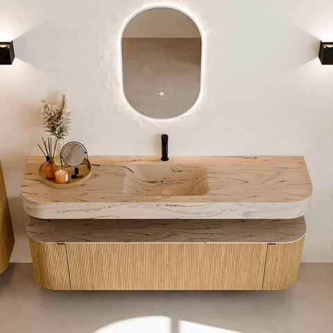 MONDIAZ THOR-DLUX 170cm badmeubel ronding links + rechts kleur Oak met 1 lade en 2 deuren. Vrijhangende wastafel CLOUD Midden 1 kraangat kleur Arena. SW1465804