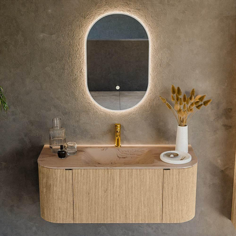 MONDIAZ KURVE-DLUX Meuble de salle de bains 110cm arrondi Gauche + Droite couleur Chêne avec 1 tiroir et 2 portes. Lavabo CLOUD Central 1 trou de robinet Arena. SW1431076