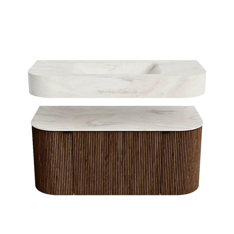 MONDIAZ THOR-DLUX 100cm meuble de salle de bains arrondi gauche + droite couleur Walnut avec 1 tiroir et 2 portes. Vasque suspendue CLOUD Centre sans trou de robinet couleur Ostra. SW1467381