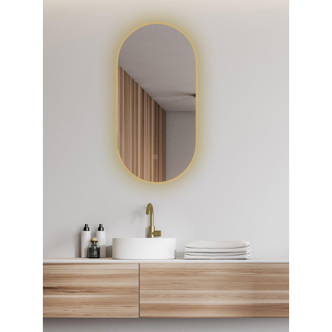 Wiesbaden Nomi Spiegel - met lijst ovaal - met LED dimbaar en spiegelverwarming - 50x100cm - goud SW892034