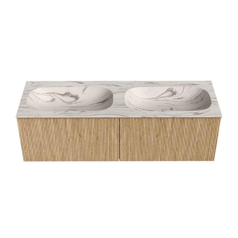 MONDIAZ KURVE-DLUX 140cm badmeubel kleur Oak met 2 lades en 0 deuren. Wastafel STOR SMALL Dubbel 2 kraangaten Nata. SW1432139