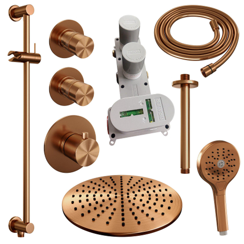 Brauer Copper Edition Ensemble de douche pluie encastré - douche principale 30cm - bras plafond 20cm - 3 boutons lisses - douchette ronde 3 positions - PVD - cuivre brossé SW374515