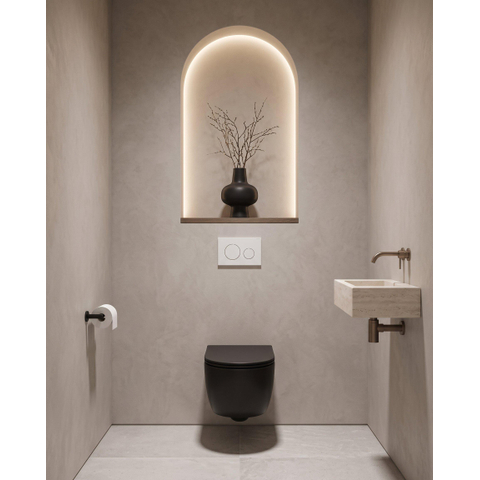 QeramiQ Dely Swirl Ensemble WC - 36.3x51.7cm - réservoir encastré Geberit UP720 Duofix Sigma - abattant fin - plaque de commande blanc brillant - boutons ronds - noir mat SW1420731