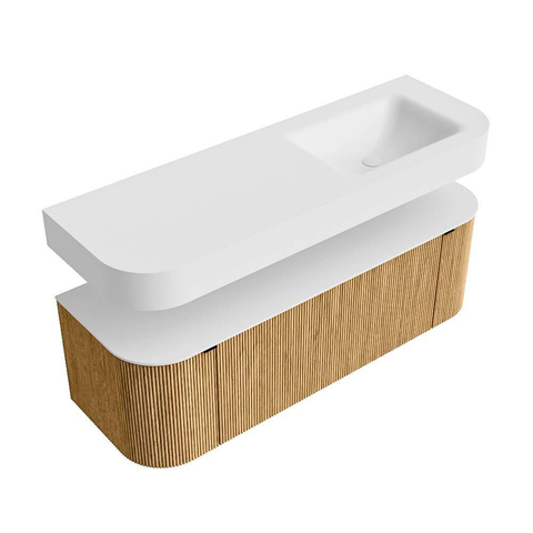 MONDIAZ THOR 140cm meuble de salle de bains arrondi gauche + droite couleur Oak avec 1 tiroir et 2 portes. Vasque suspendue CLOUD droite sans trou de robinet couleur Talc. SW1463915