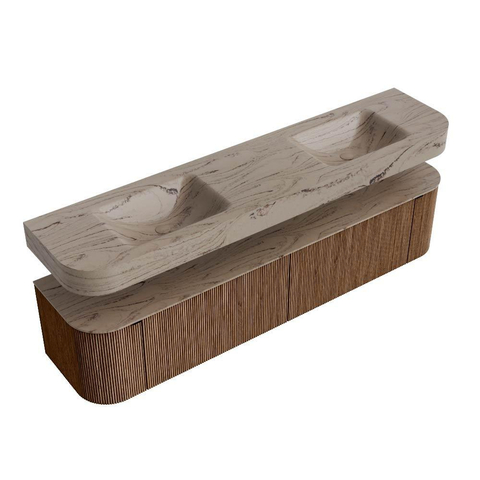 MONDIAZ THOR-DLUX 200cm meuble de salle de bains arrondi gauche + droite couleur Walnut avec 2 tiroirs et 2 portes. Vasque suspendue CLOUD Double sans trou de robinet couleur Arena. SW1467063