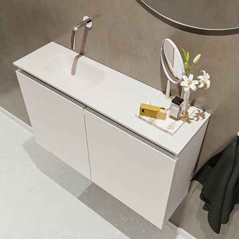 MONDIAZ TURE Toiletmeubel 80x23x50cm met 0 kraangaten 2 deuren linen mat Wastafel Eden links Solid Surface Wit SW475091